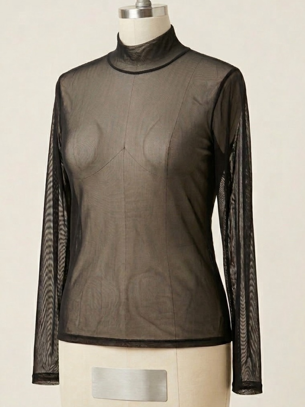 Bar III Black Mesh Mock Neck Sheer Long Sleeve Top, XXL